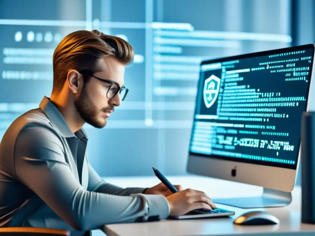 Un desarrollador web escribe código seguro rodeado de símbolos de seguridad
