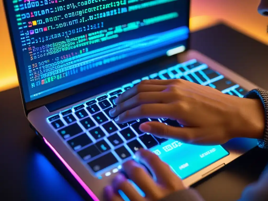 Un desarrollador web concentrado escribe código en un teclado moderno, prevención de XSS en desarrollo web