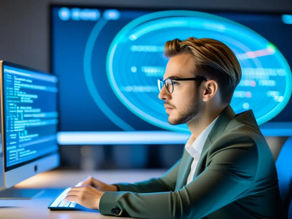 Un desarrollador web experto analiza líneas de código en una pantalla moderna, con herramientas de ciberseguridad de fondo