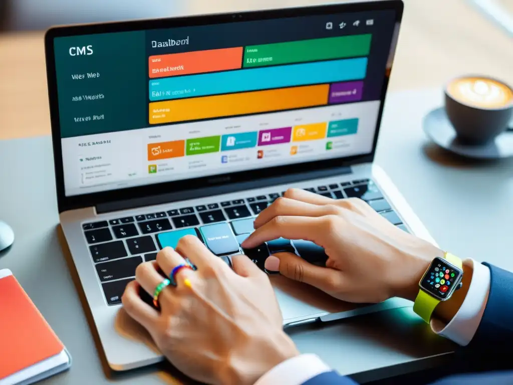 Un desarrollador web teclea en un moderno portátil, con un CMS lleno de visualizaciones de datos