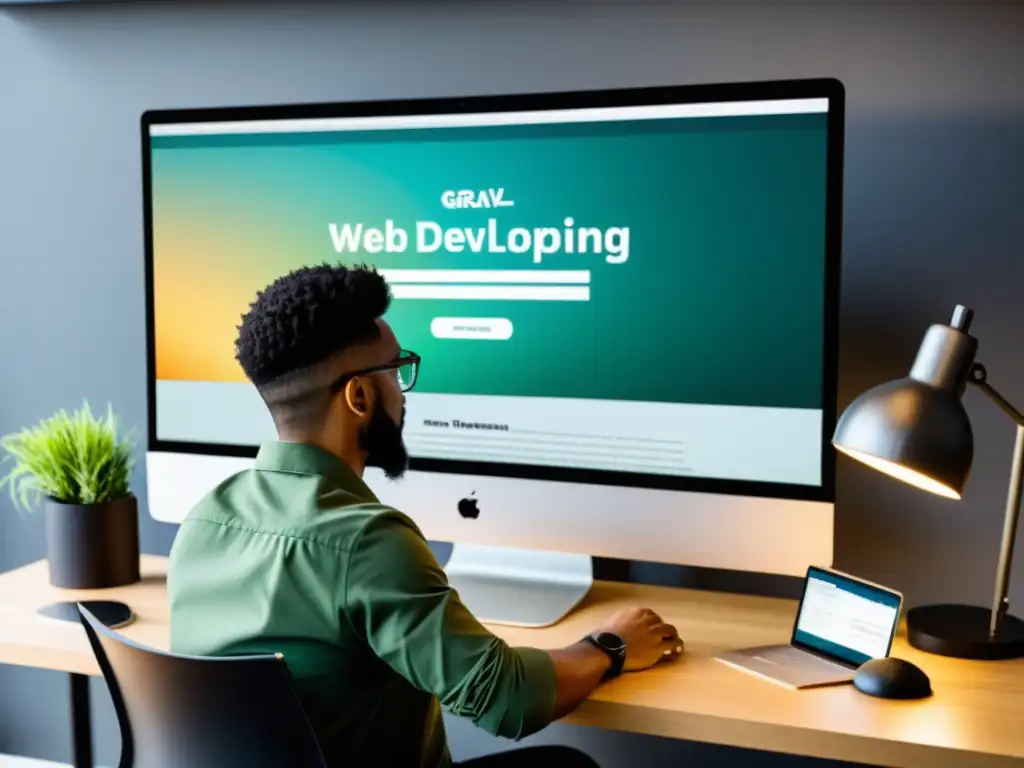 Un desarrollador web personaliza plantillas en Grav CMS, mostrando un proceso educativo y profesional
