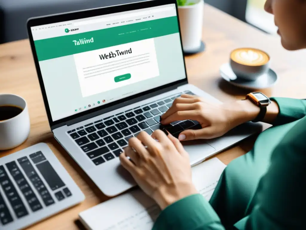 Desarrollador web trabajando con precisión en laptop con Tailwind CSS Un desarrollador web utiliza Tailwind CSS para crear un sitio web moderno y profesional en su portátil, en un entorno de trabajo enfocado