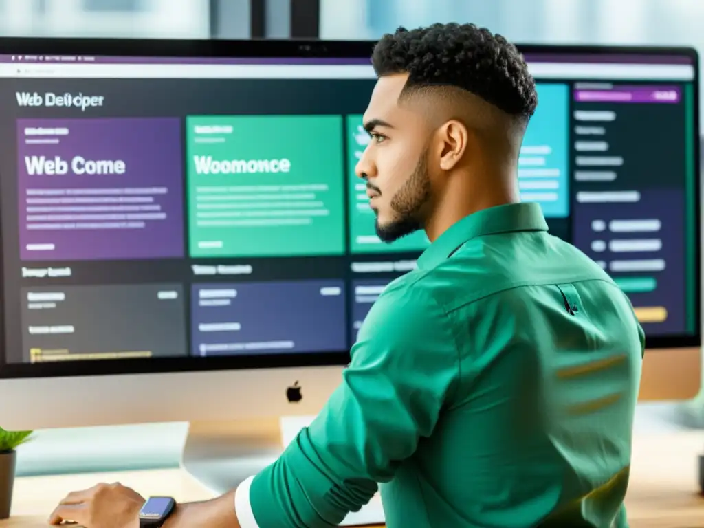 Un desarrollador web personaliza un tema de WooCommerce con precisión, rodeado de pantallas y líneas de código
