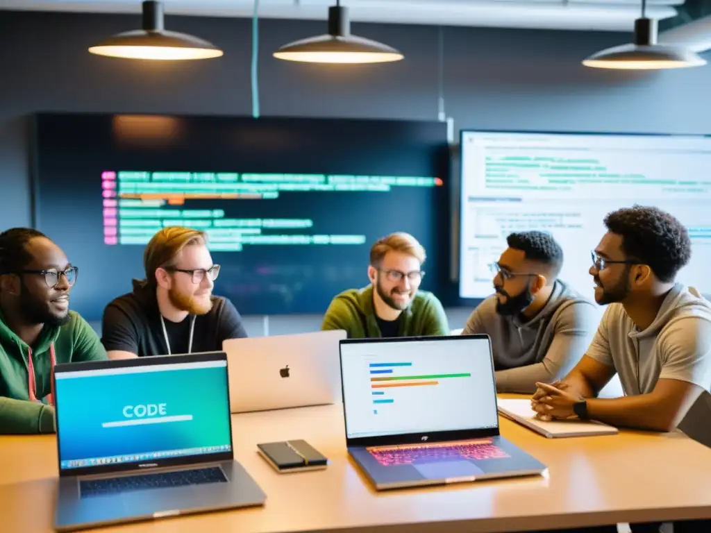 Desarrolladores colaboran en hackathons de código abierto, rodeados de laptops, datos y energía creativa
