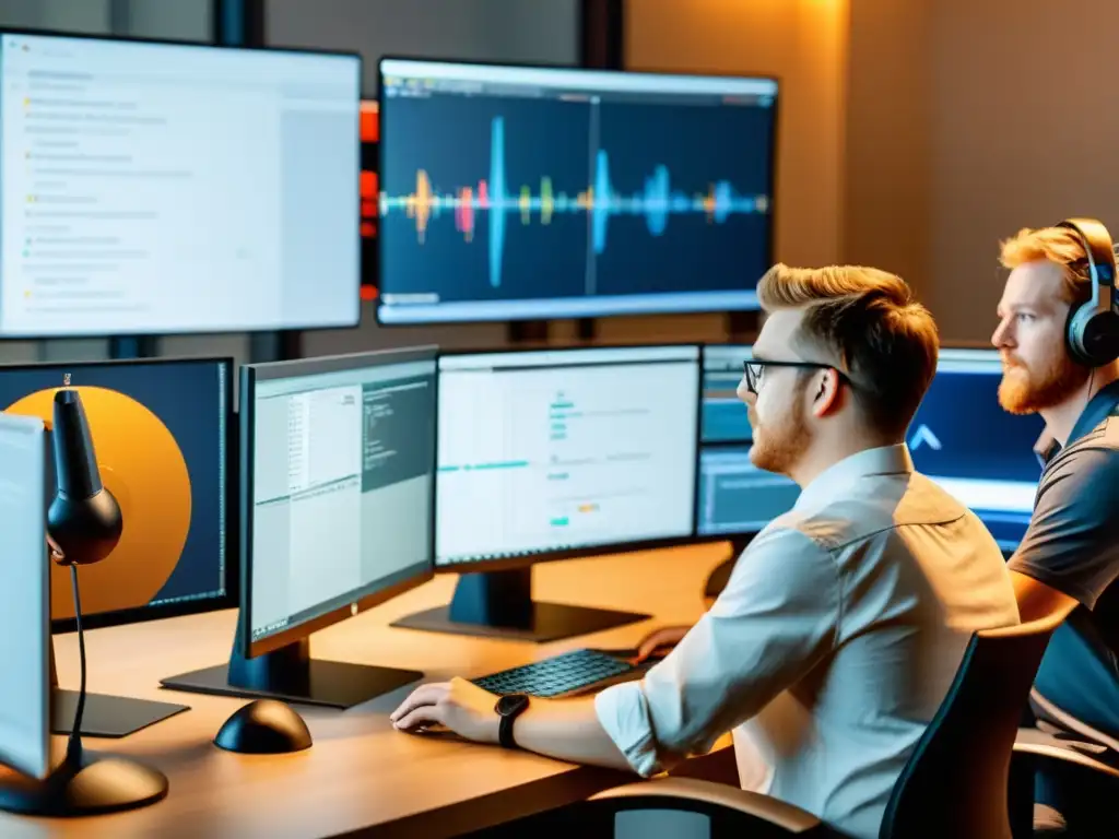 Desarrolladores de Blender colaborando en el código y diseño, rodeados de monitores y equipo técnico