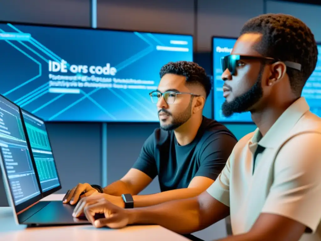 Desarrolladores colaborando en un IDE futurista, contribuyendo al desarrollo de IDEs en un ambiente profesional y dinámico