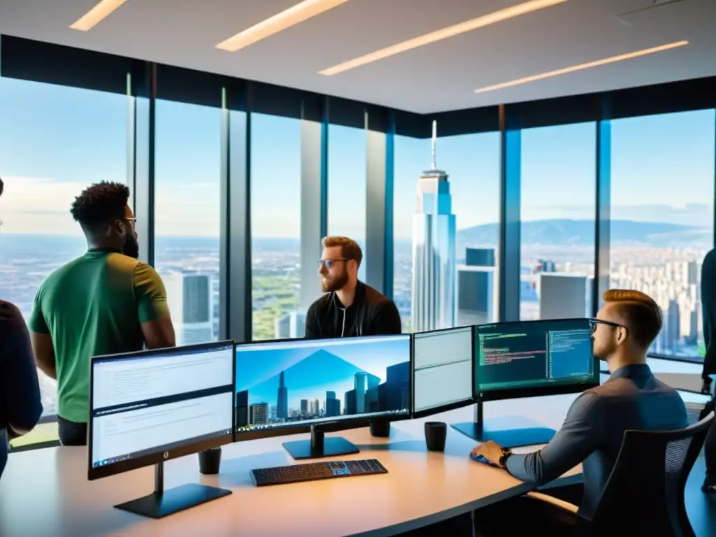 Desarrolladores colaborando en oficina moderna con tecnología futurista y vista a la ciudad, desafiando prejuicios sobre futuro código abierto