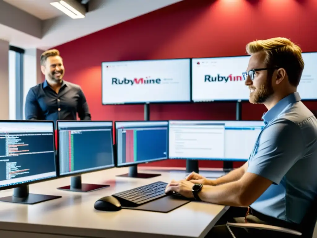 Desarrolladores colaborando con RubyMine en una oficina moderna, mostrando las ventajas para programación en Ruby