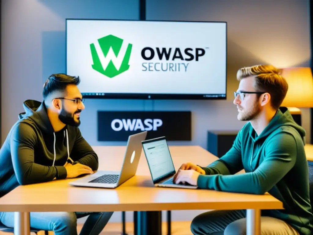 Desarrolladores colaboran en proyecto de código abierto, discutiendo estándares de OWASP