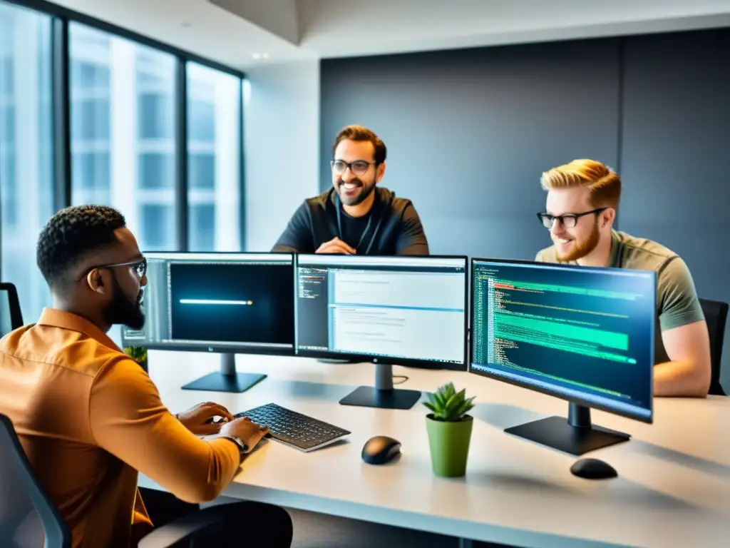 Desarrolladores colaborando en proyecto de código abierto con moderno equipo