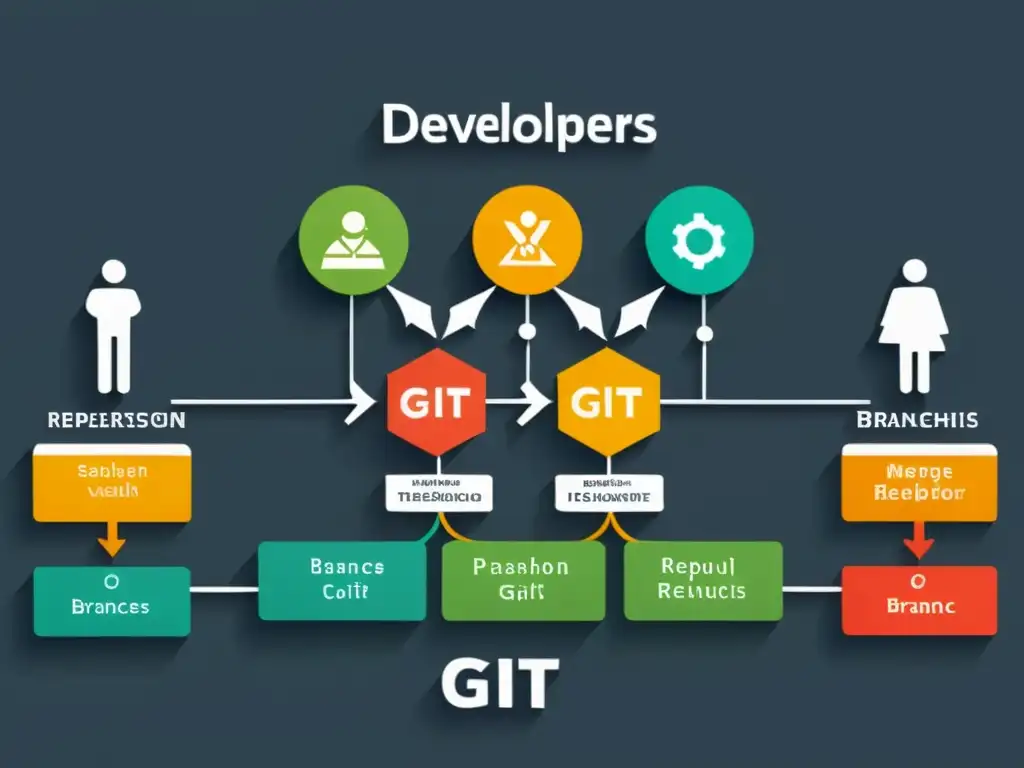 Desarrolladores colaborando en ramas de Git, con indicadores visuales coloridos representando el proceso de fusión