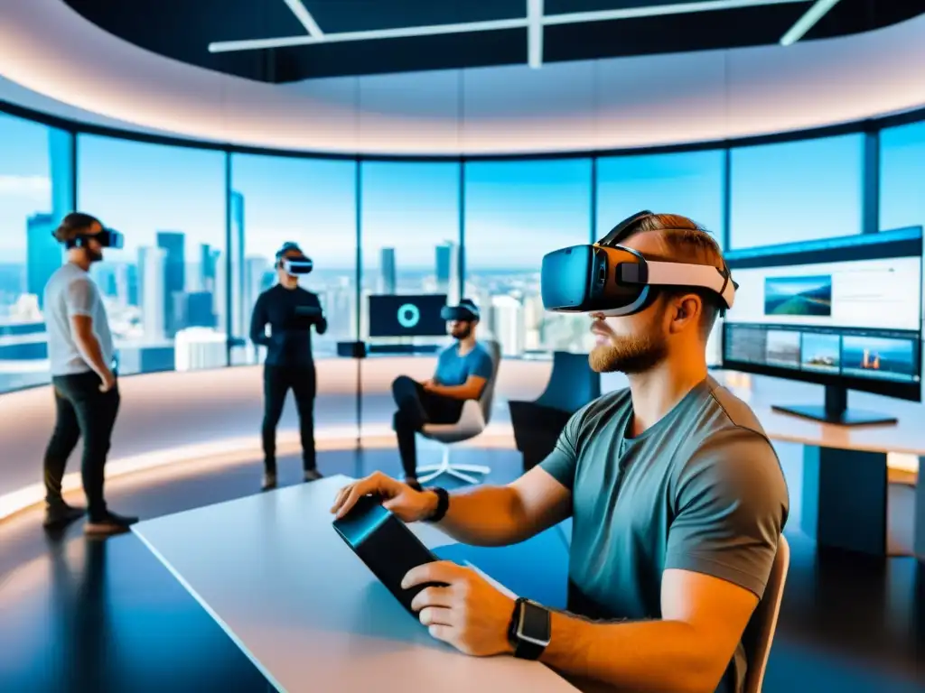 Desarrollo de software en realidad virtual Desarrolladores de software colaborando en aplicaciones de realidad virtual en un espacio de oficina futurista