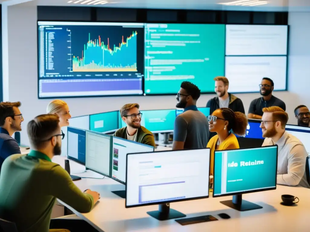 Desarrollo colaborativo con IDEs de código abierto: Programadores colaborando en un moderno y luminoso espacio de oficina, compartiendo ideas y trabajando en código en tiempo real en pantallas grandes