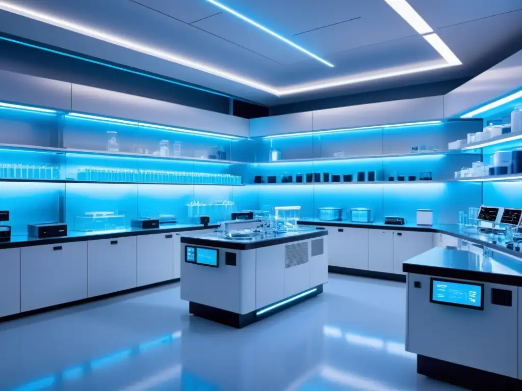 Desarrollo avanzado de vacunas con inteligencia artificial Desarrollo de vacunas con IA: Laboratorio futurista con brazos robóticos AI, científicos y tecnología de vanguardia en suaves luces azules