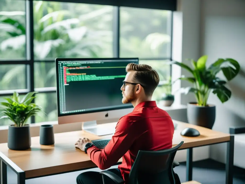 Desarrollo web ágil con Ruby on Rails en un entorno moderno y minimalista, rodeado de tecnología de vanguardia y toques de naturaleza