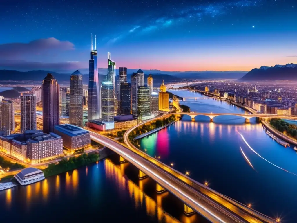 Una deslumbrante ciudad nocturna con rascacielos iluminados y un río, rodeada de brillantes carreteras y puentes, bajo un cielo estrellado y aurora boreal