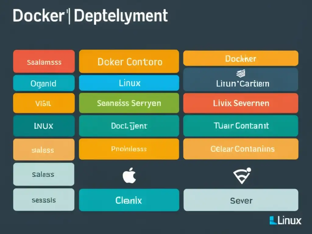 Despliegue de contenedores Docker en Linux: Vista moderna y organizada de múltiples contenedores en un servidor virtual