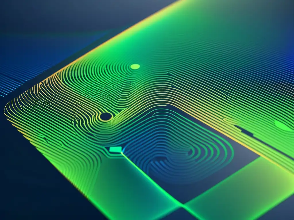 Visualización detallada de un algoritmo de encriptación moderno y elegante, con patrones intrincados en azules profundos y verdes vibrantes