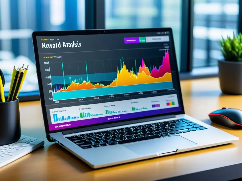 Visualización detallada de datos de análisis de competencia SEO en pantalla de computadora, con gráficos dinámicos y ambiente profesional y tecnológico