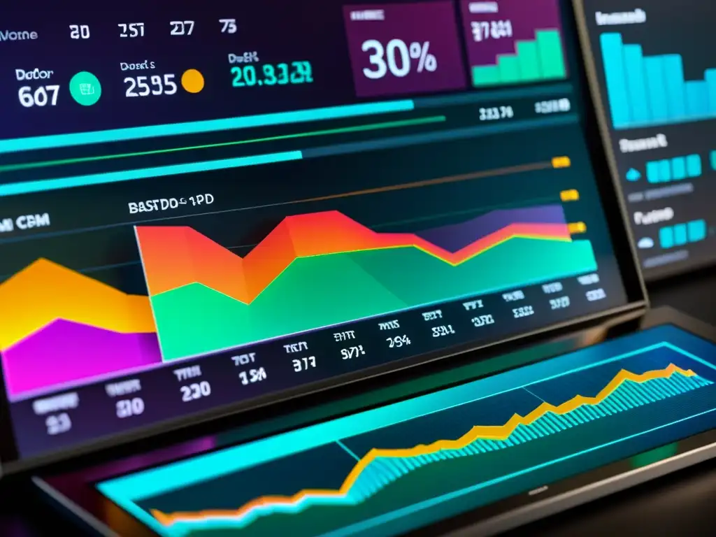 Detallada visualización de datos financieros futuristas con gráficos y cuadros dinámicos, integrando aprendizaje automático en finanzas