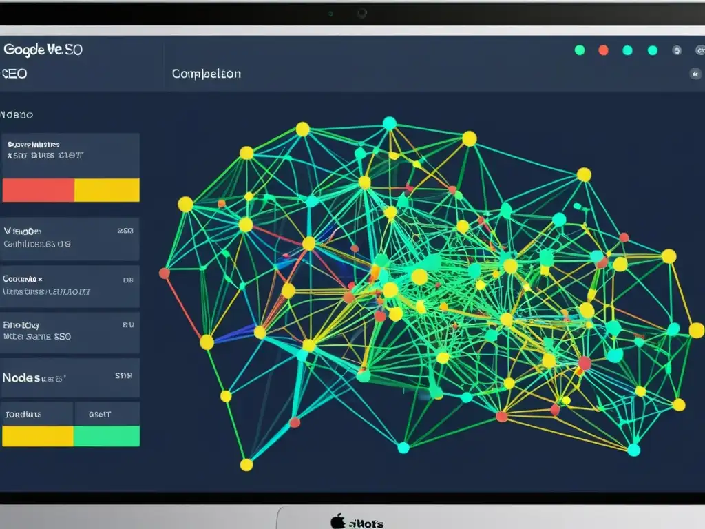 Visualización detallada de datos SEO con líneas y nodos coloridos, mostrando la complejidad de las herramientas open source para SEO