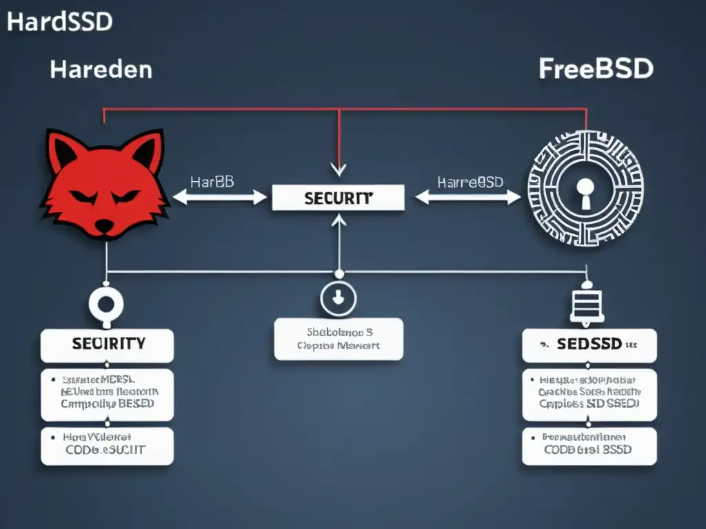 Comparación detallada entre HardenedBSD y FreeBSD resaltando la seguridad reforzada en HardenedBSD con elementos visuales modernos y profesionales