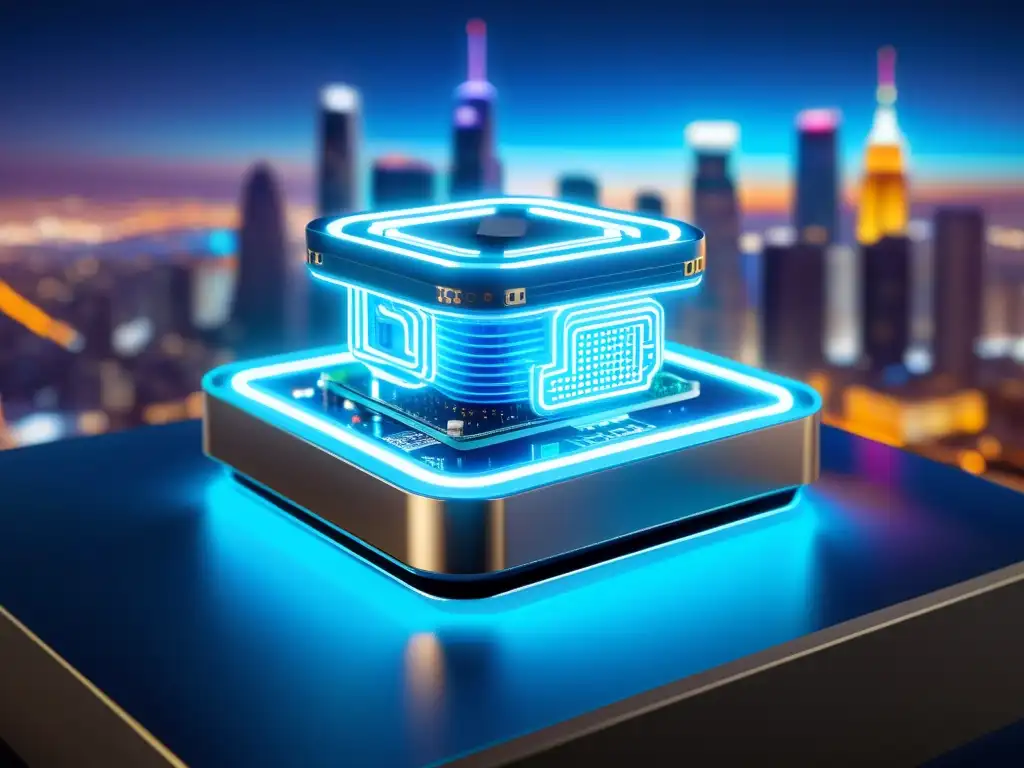 Detallada imagen de dispositivo IoT con diseño futurista, contra bullicioso paisaje urbano iluminado