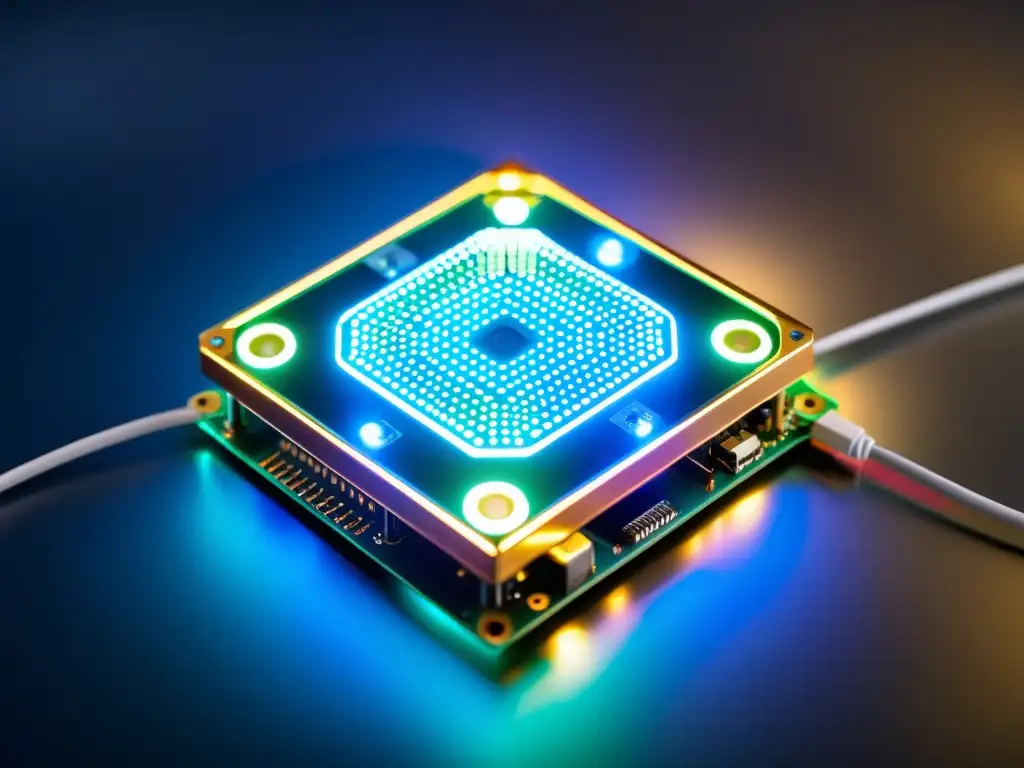 Detallada imagen de dispositivo IoT iluminado por luces LED, rodeado de redes de dispositivos