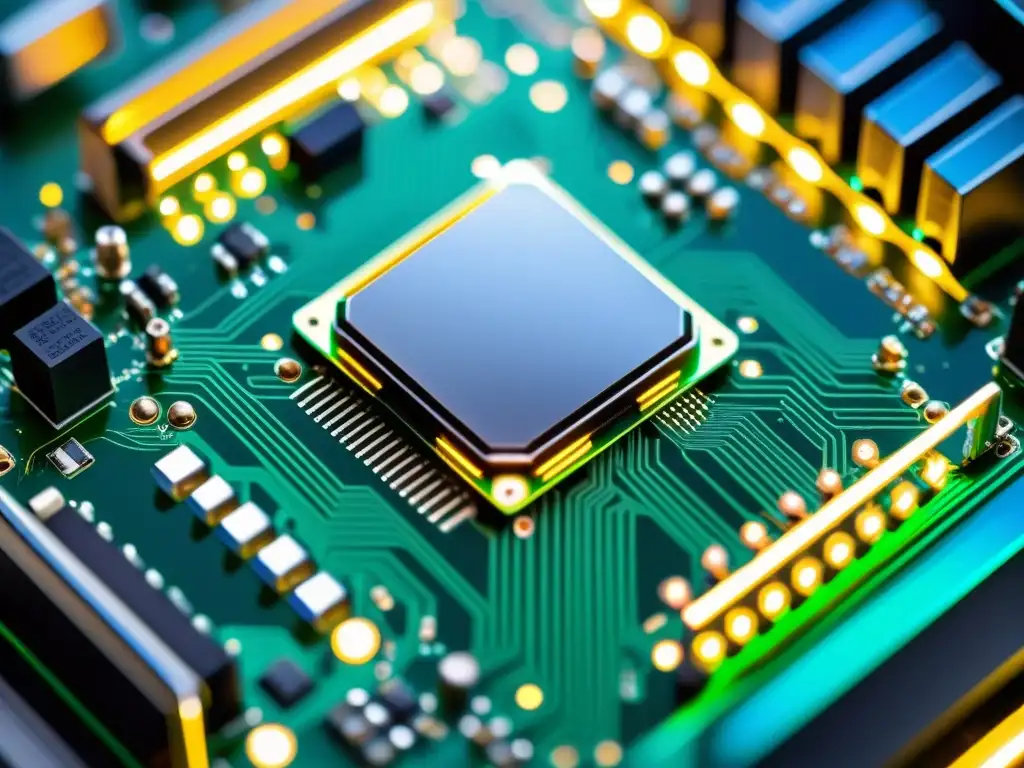 Detallada imagen de una placa madre de computadora con circuitos intrincados, luces LED vibrantes y componentes de alta tecnología