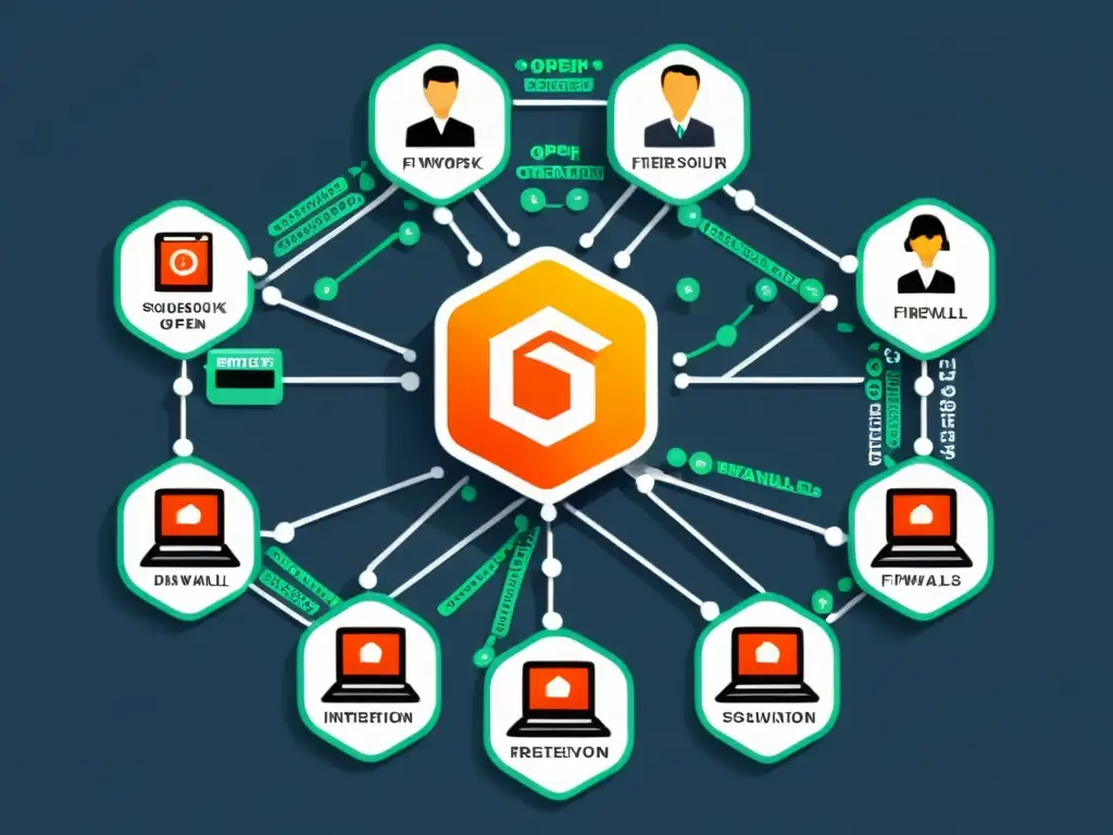 Detallada ilustración de infraestructura de red con firewalls open source y IDS, destacando la recuperación de desastres