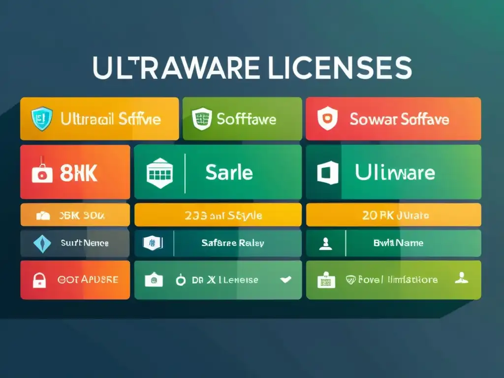 Ilustración detallada en 8k de licencias de software libre, con diseños minimalistas y colores vibrantes