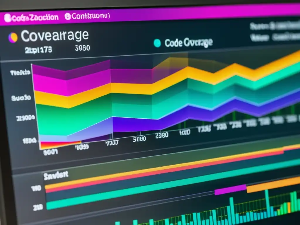 Visualización detallada de métricas de cobertura de código con herramientas open source code coverage en pantalla de ordenador, con diseño moderno y colores vibrantes