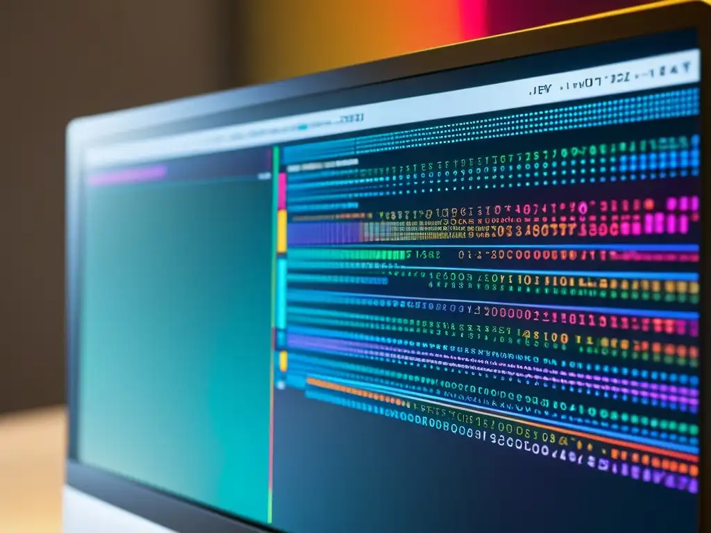 Detallada pantalla de computadora con código, visualizaciones de datos y símbolos de seguridad