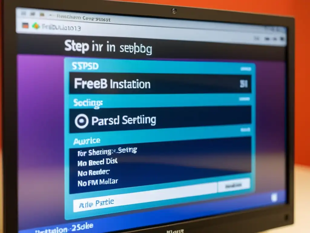 Detallada instalación de FreeBSD paso a paso en un monitor de computadora, con colores vibrantes y texto nítido
