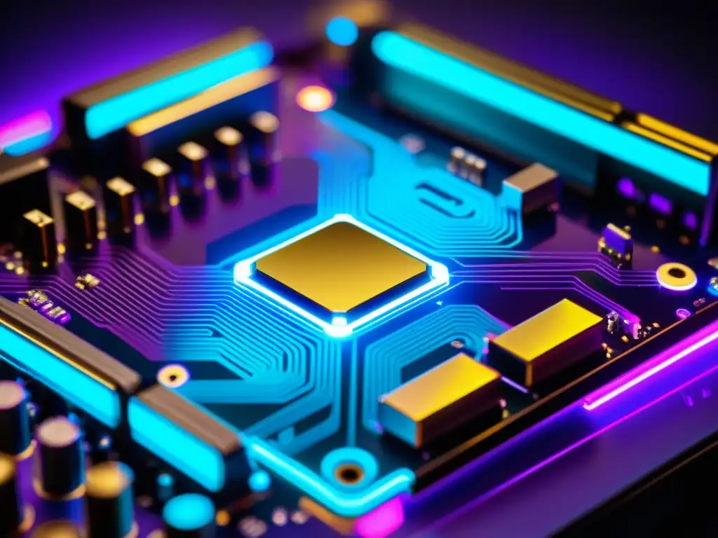 Detallada placa madre de computadora con circuitos vibrantes y componentes intrincados, iluminada por un suave resplandor futurista