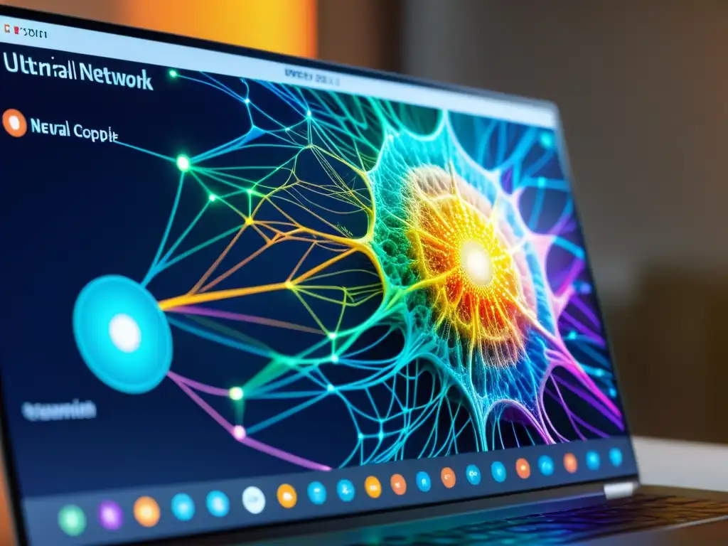 Visualización detallada de red neuronal en pantalla, con colores vibrantes y capas complejas
