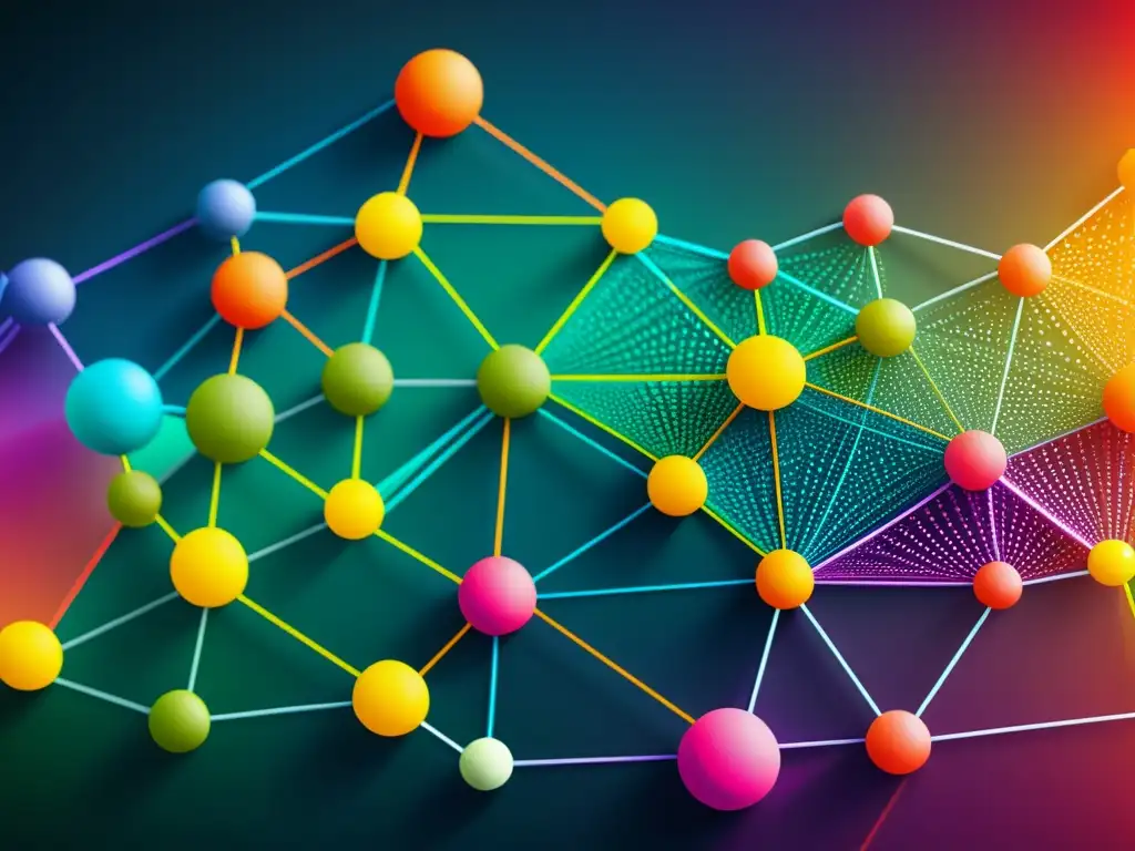 Detallada visualización de una red de nodos y conexiones, resaltando la complejidad y beneficios de bases de datos gráficas con Neo4j