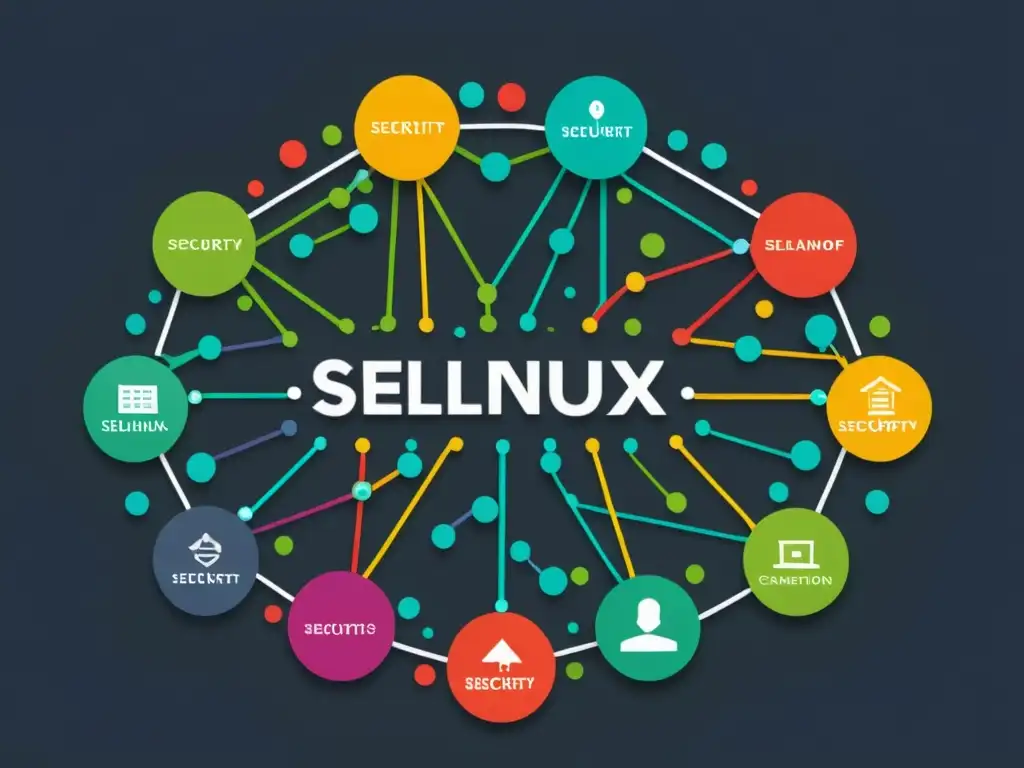 Visualización detallada de la seguridad SELinux en acción: nodos coloridos e interconectados representan medidas y configuraciones de seguridad