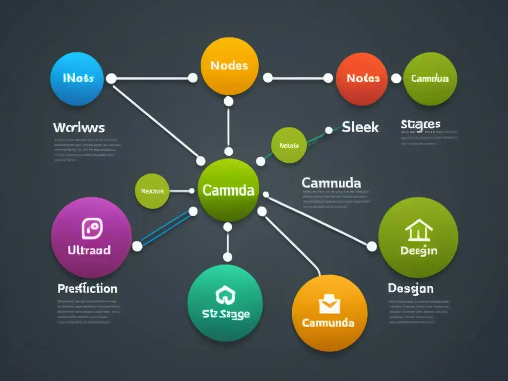 Detallado diagrama de flujo moderno con nodos conectados, representando la eficiencia en la automatización de procesos de negocio con Camunda