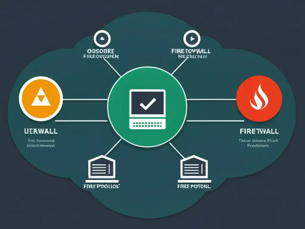 Detallado diagrama de red de firewall open source para educación, con nodos de red, flujo de tráfico y protocolos de seguridad