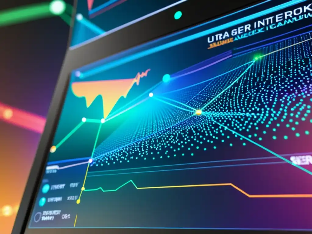 Diagrama de red tecnológica: innovación y análisis de datos Detallado diagrama de red en pantalla de computadora, con colores vibrantes y líneas interconectadas, en una interfaz futurista