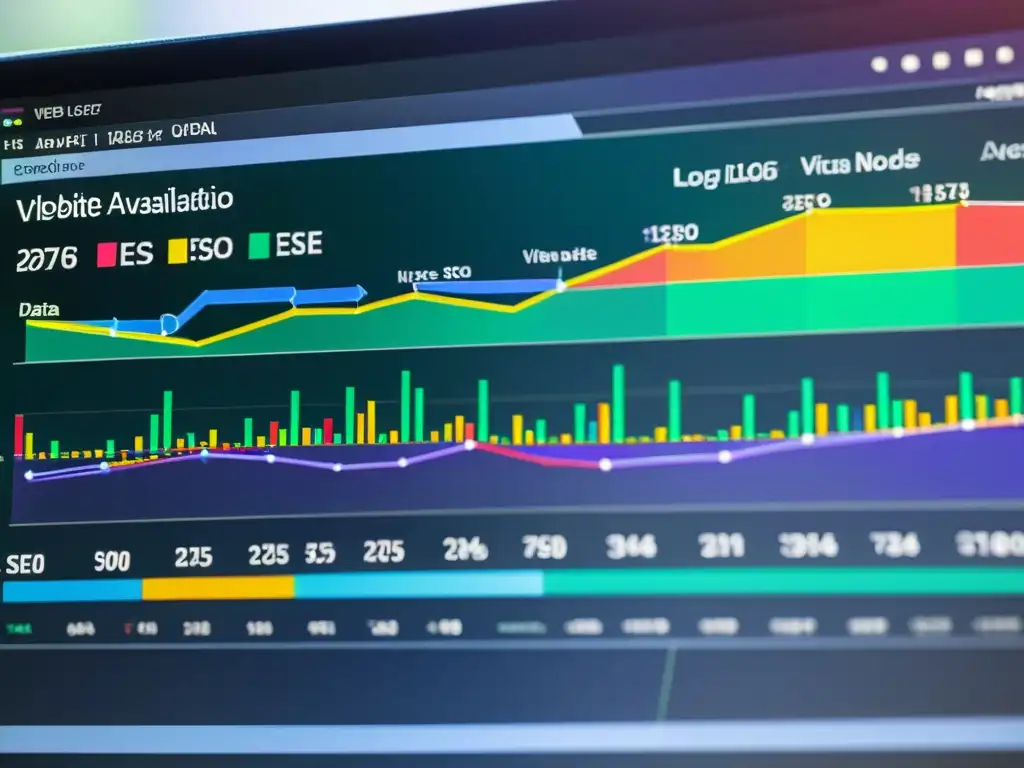 Un detallado gráfico de visualización de datos SEO, con nodos y líneas interconectados, superpuesto con métricas y palabras clave