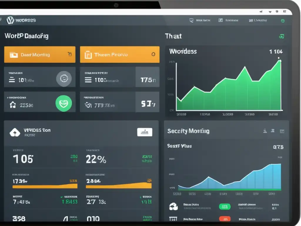 Detallado dashboard de WordPress con herramientas de seguridad y gráficos de monitoreo, transmitiendo una sensación de protección proactiva