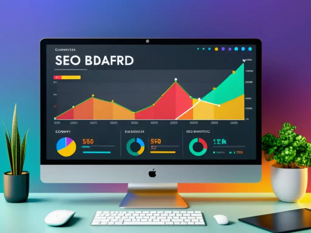 Un detallado monitor 8k muestra un sofisticado panel de análisis de competencia SEO con gráficos coloridos y datos visuales