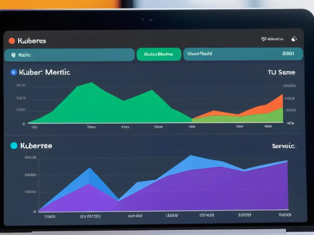 Un detallado panel de control de un clúster de Kubernetes muestra métricas en tiempo real, como uso de CPU, asignación de memoria y tráfico de red