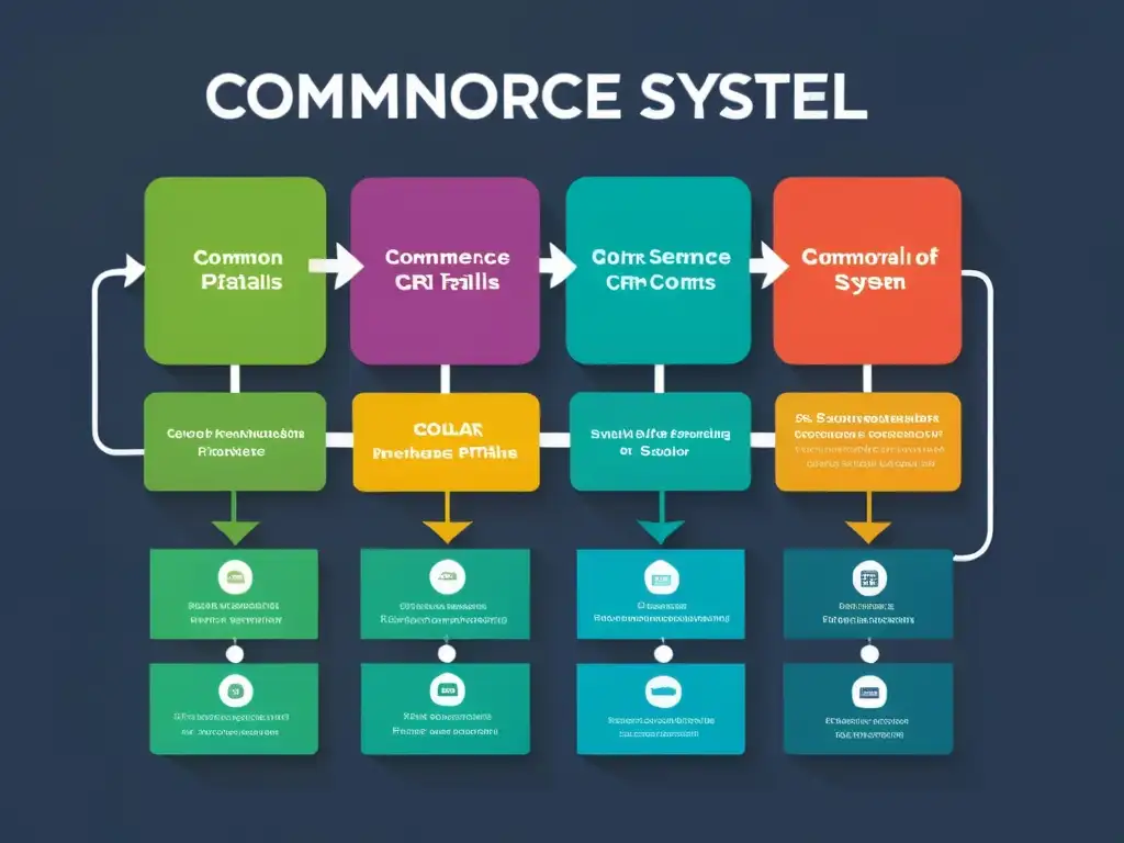 Detallado flowchart para implementar Sistema de CRM para ecommerce, en un fondo dinámico y vibrante