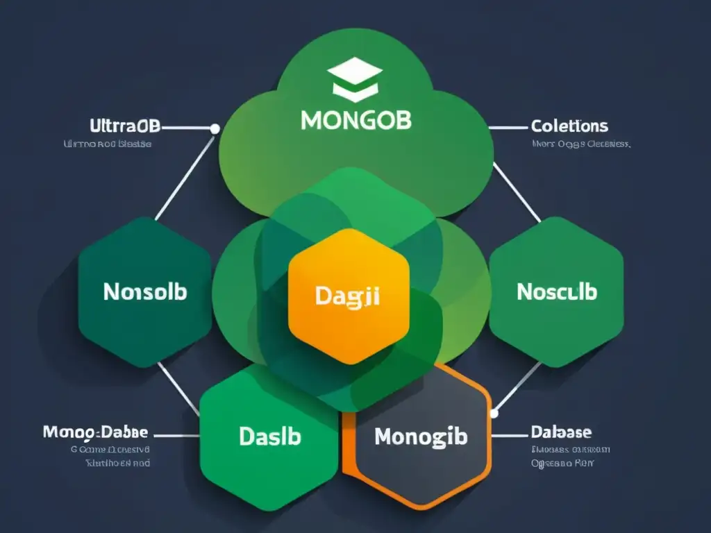 Un detallado y vibrante mapa de base de datos MongoDB, que resalta la implementación de base de datos NoSQL con colores modernos y diseño futurista