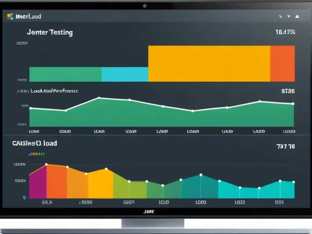 Detallados resultados de pruebas de carga con JMeter en pantalla de computadora, con gráficos coloridos y métricas de rendimiento destacadas
