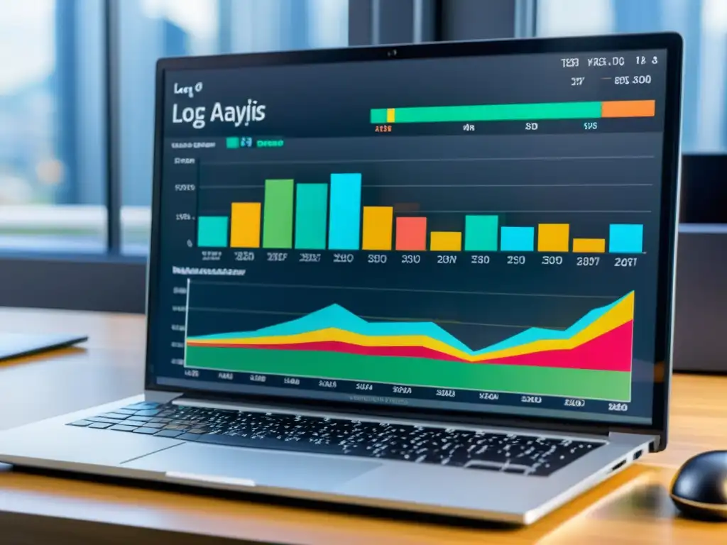 Detalle de análisis de logs con herramientas SEO en pantalla de computadora, creando atmósfera profesional y vanguardista