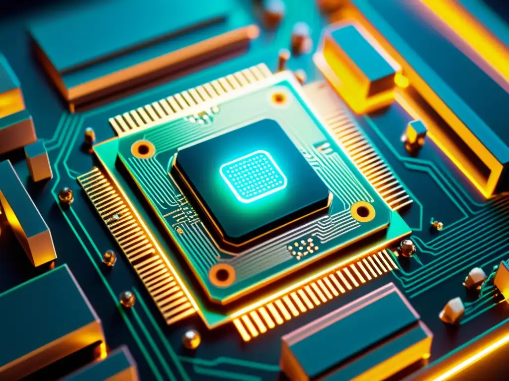 Detalle de un chip de computadora con circuitos intrincados y componentes interconectados, bañados en un suave resplandor neón futurista